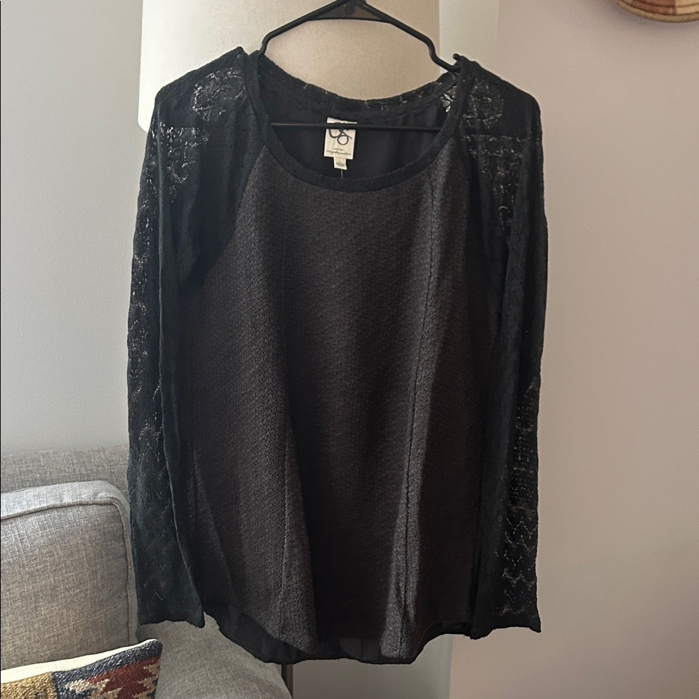 NWT Anthropologie One September Black Lace Sleeve Women's Top